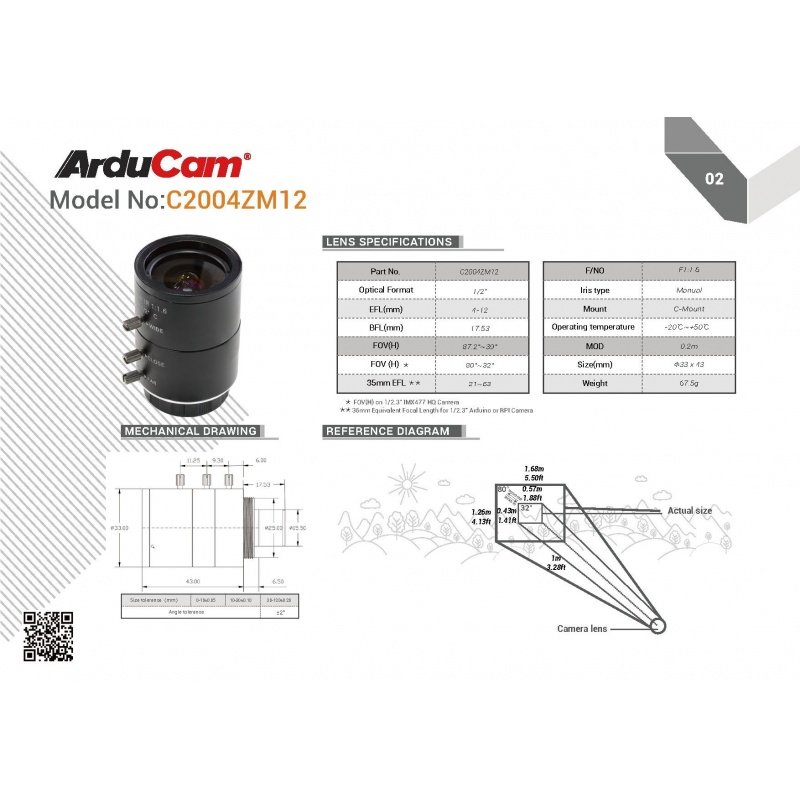 Arducam 4-12mm Varifocal C-Mount Lens