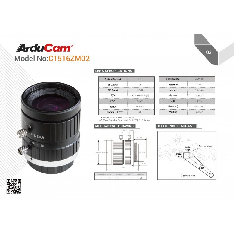 Arducam C-Mount Lens for Raspberry Pi High Quality Camera, 16mm