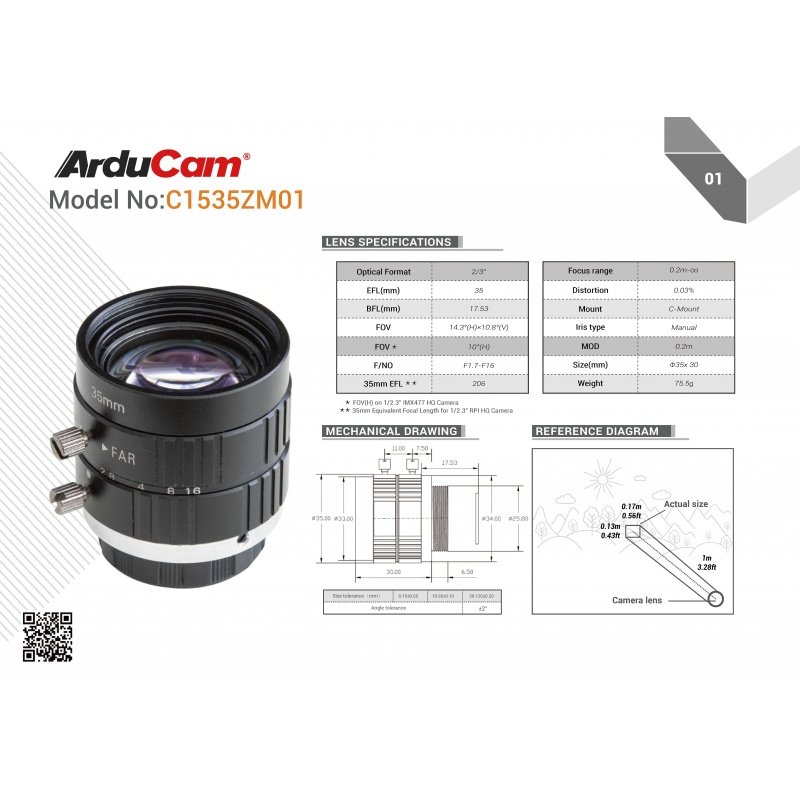 Arducam C-Mount Lens for Raspberry Pi High Quality Camera, 35mm