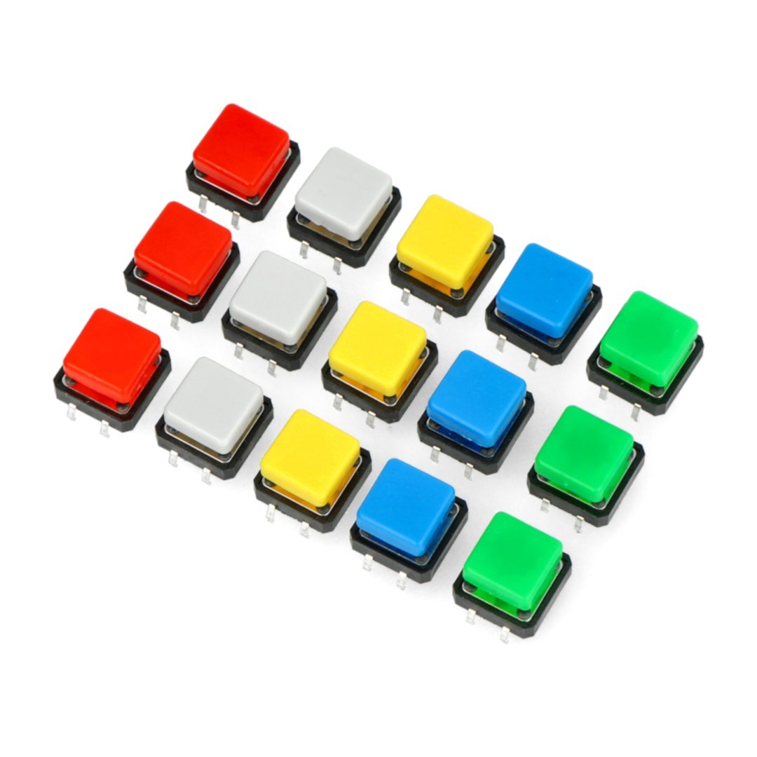 Tact Switch 12x12mm - kulatý - barevné krytky - 15ks