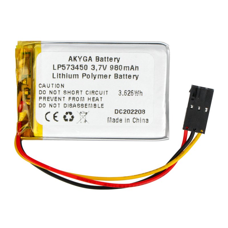 Akyga 980mAh 1S 3,7 V Li-Pol baterie - 3 vodiče - 2,54 mm