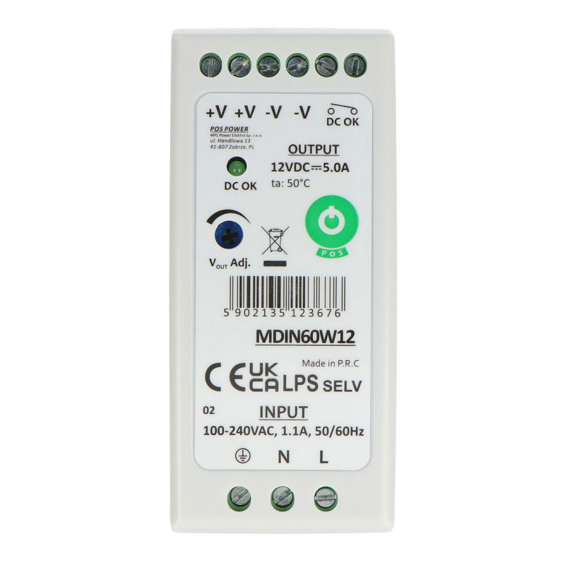 Zdroj MDIN60W12 pro DIN lištu - 12V / 5A / 60W