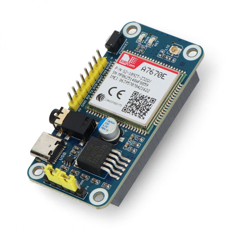 A7670E LTE Cat -1 HAT pro Raspberry Pi, vícepásmová, 2G GSM /