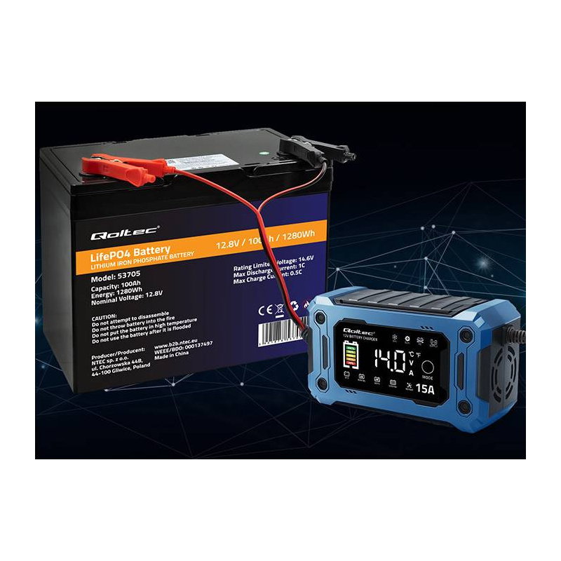 Qoltec Inteligentna mikroprocesorowa ładowarka 12V 15A