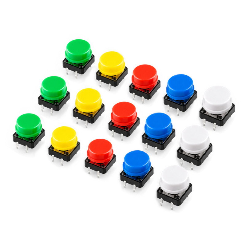 Tact Switch 12x12mm - kulatý - barevné krytky - 15ks