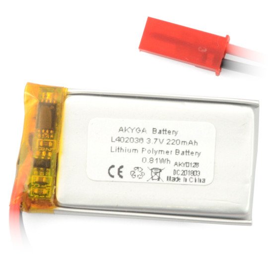 Akyga Li-Pol baterie 220mAh 1S 3,7V - konektor JST-BEC + zásuvka