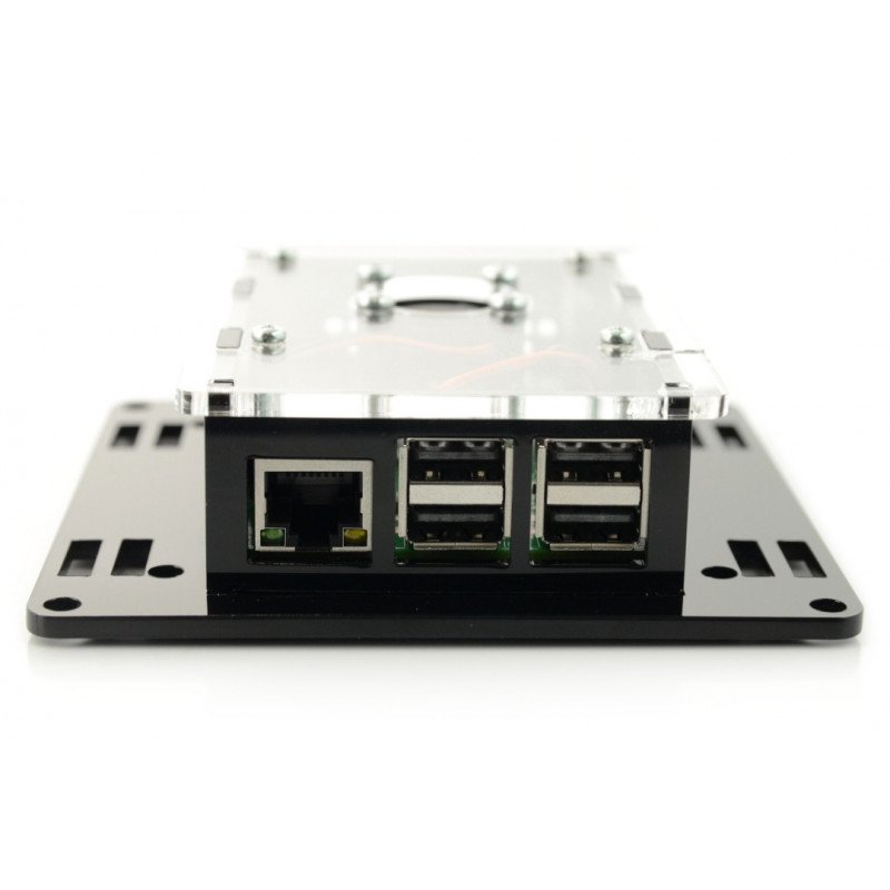 Pouzdro pro model Raspberry Pi 3B + / 3B / 2B Vesa v2 pro montáž na monitor - černé a průhledné + ventilátor