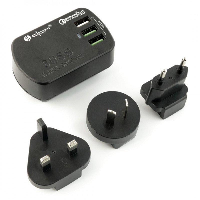 3x USB 3.4A cestovní adaptér, USA, EUR, UK, AUS konektory, rychlé nabíjení