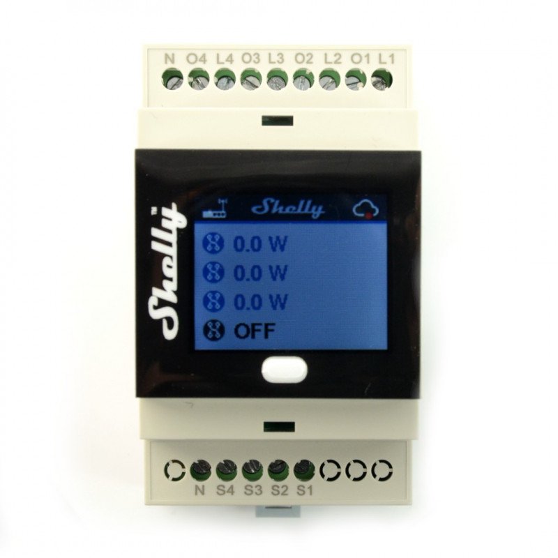 Shelly 4Pro - 4kanálové 230V WiFi relé s displejem - aplikace pro Android / iOS