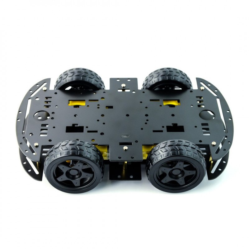 Kovový čtyřkolový robotický podvozek se čtyřmi koly s motory - obdélníkový - černý