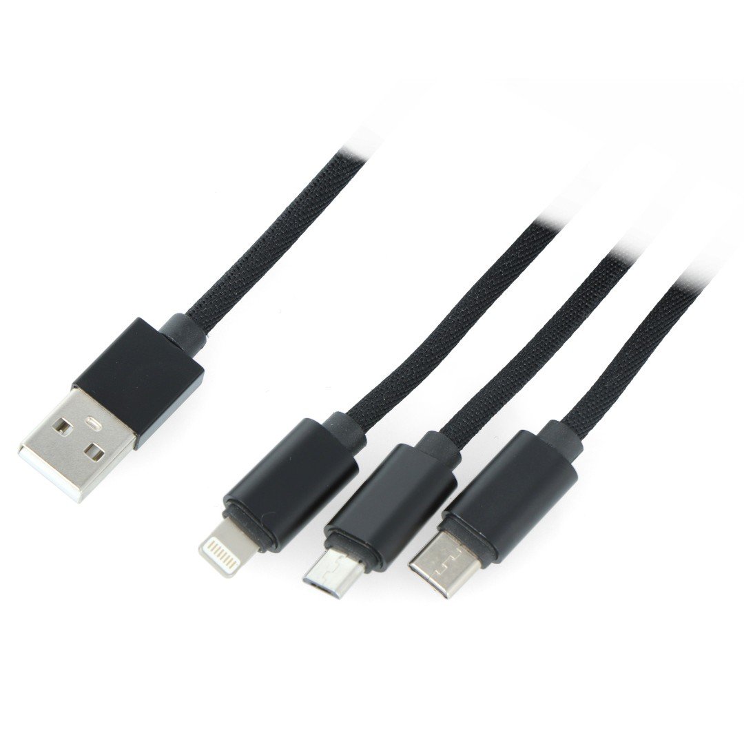 Kabel Lanberg Combo 3v1 USB typu A - microUSB + blesk + USB typu C 2.0 černý, opletení materiálu - 1,8 m