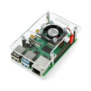 Pouzdro pro Raspberry Pi Model 4B / 3B + / 3B / 2B otevřené s ventilátorem - průhledné