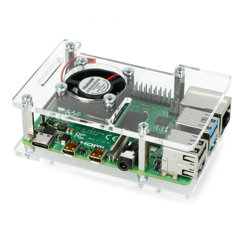 Pouzdro pro Raspberry Pi Model 4B / 3B + / 3B / 2B otevřené s ventilátorem - průhledné