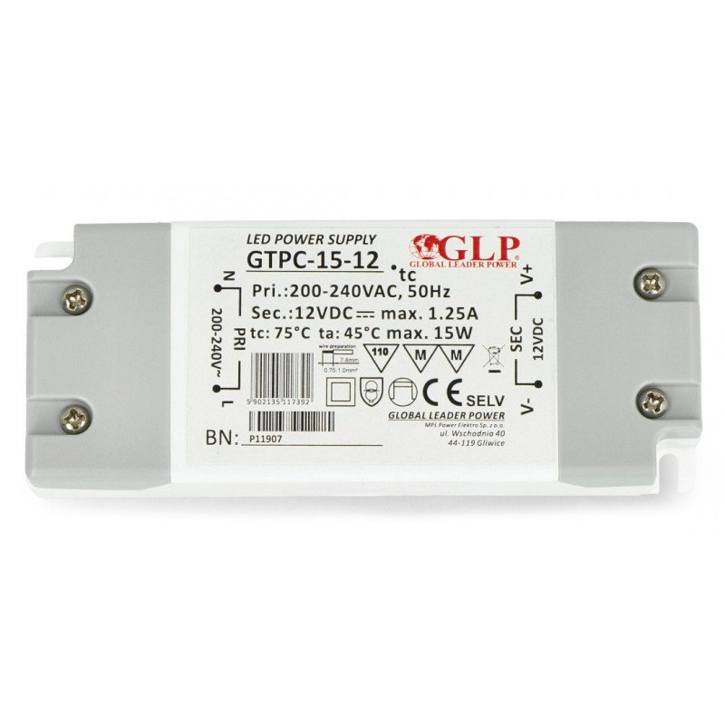 Spínaný napájecí zdroj pro LED osvětlení GTPC-15-12 - 12V / 1,25A / 15W