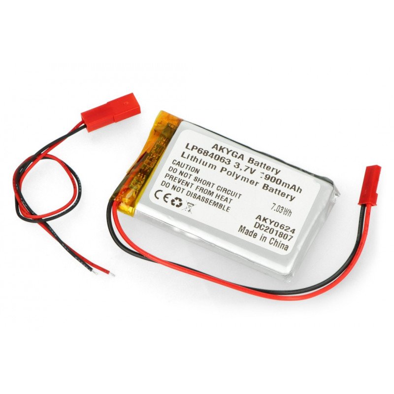 Baterie Li-Po 3,7 V / 1 900 mAh, PCM, konektor + zásuvka 2,54 JST, 2 piny