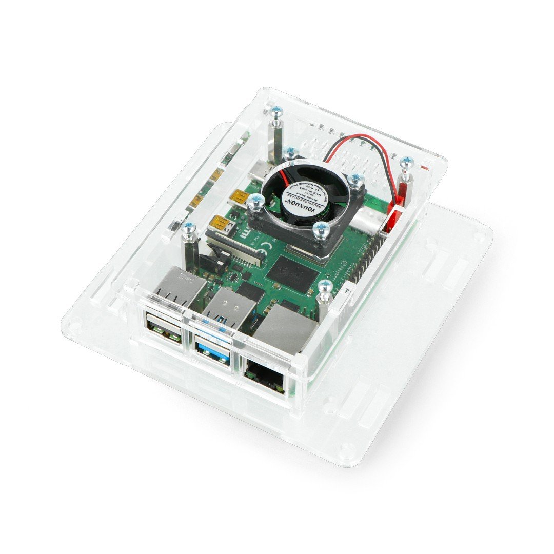 Pouzdro pro Raspberry Pi 4B - akrylové Vesa V2 + ventilátor - průhledné