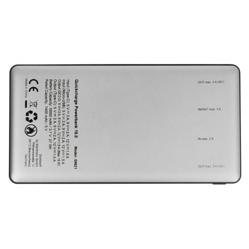 PowerBank Goobay 10.0 59821 Quick Charge 3.0 10000mAh mobilní baterie - šedá - černá