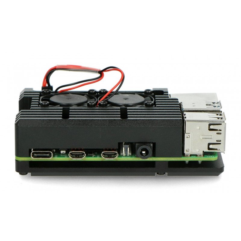 Pouzdro pro Raspberry Pi 4B - hliníkové se dvěma ventilátory - černé