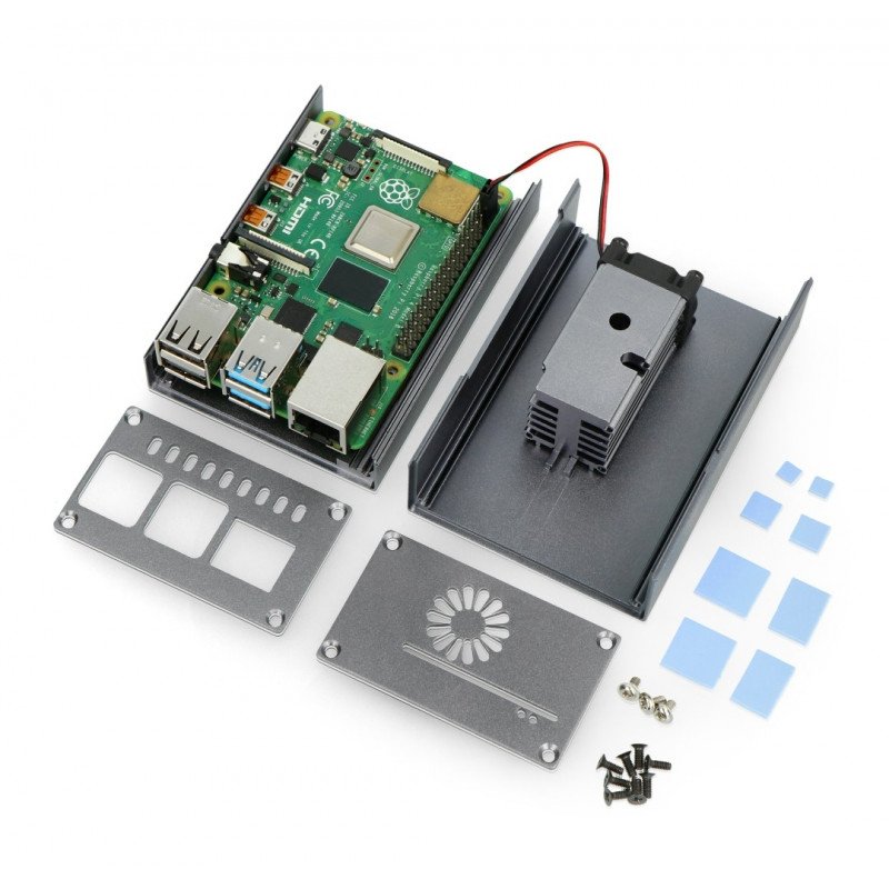 Pouzdro pro Raspberry Pi 4B s ventilátorem - kovové - šedé