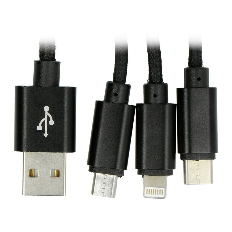 Kabel Maxlife Nylon 3v1 USB typu A - microUSB + blesk + USB typu C - černý - 1m