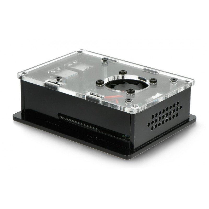 Pouzdro pro Raspberry Pi 4B box V2 na DIN lištu - černé a průhledné + ventilátor