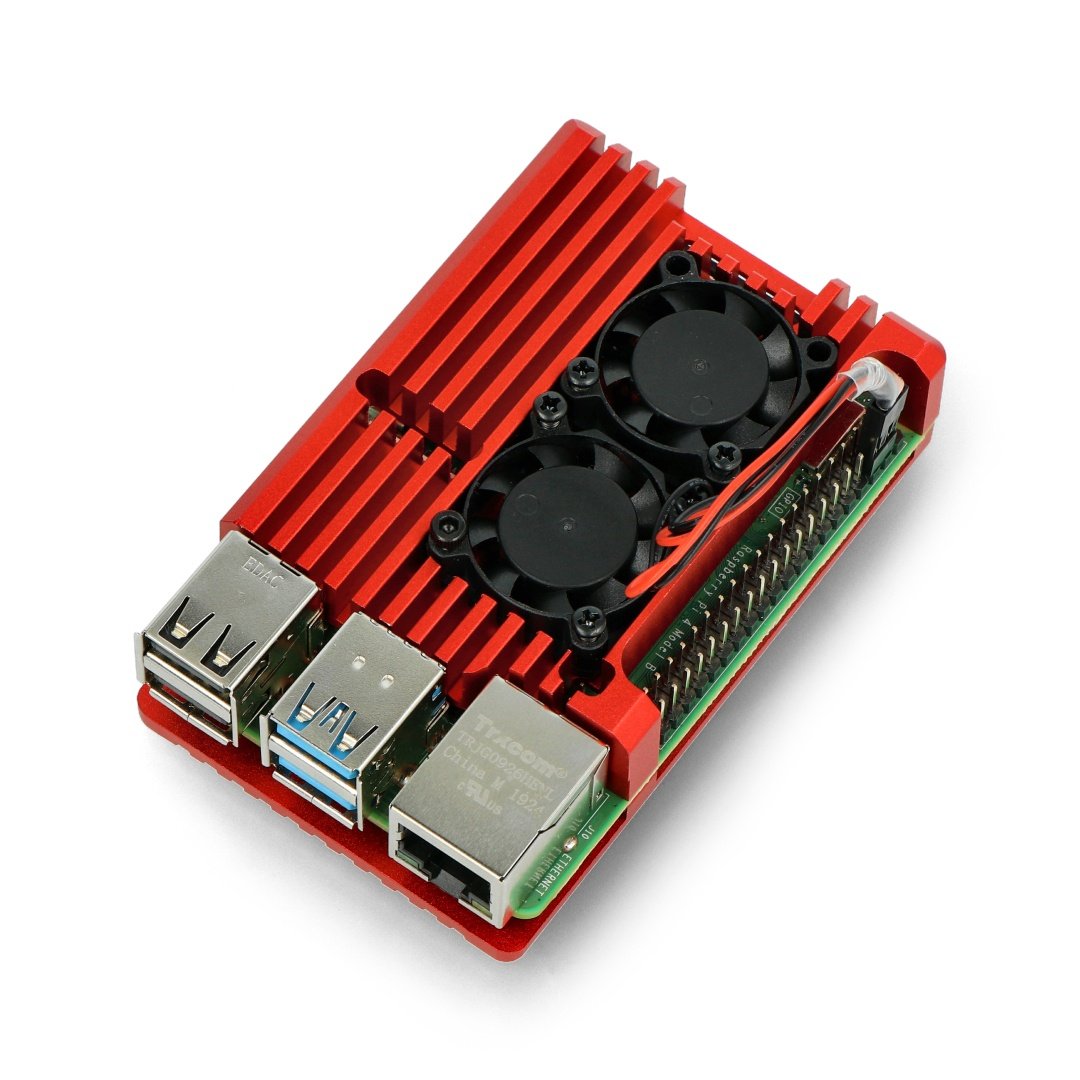 Pouzdro JustPi pro Raspberry Pi 4B - hliníkové se dvěma ventilátory - červené