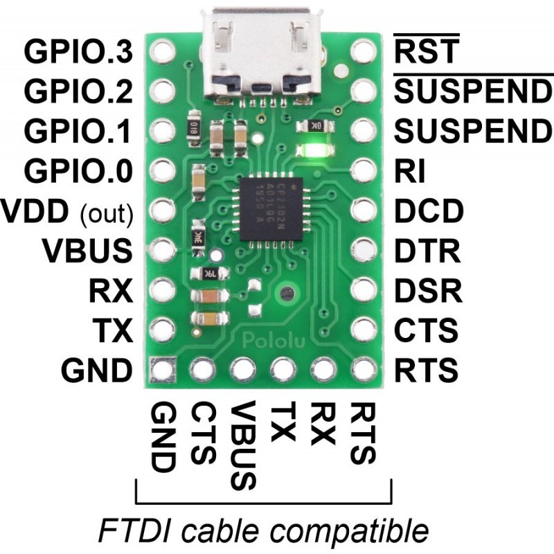 Převodník USB-UART CP2102N - s konektorem microUSB - Pololu 1317