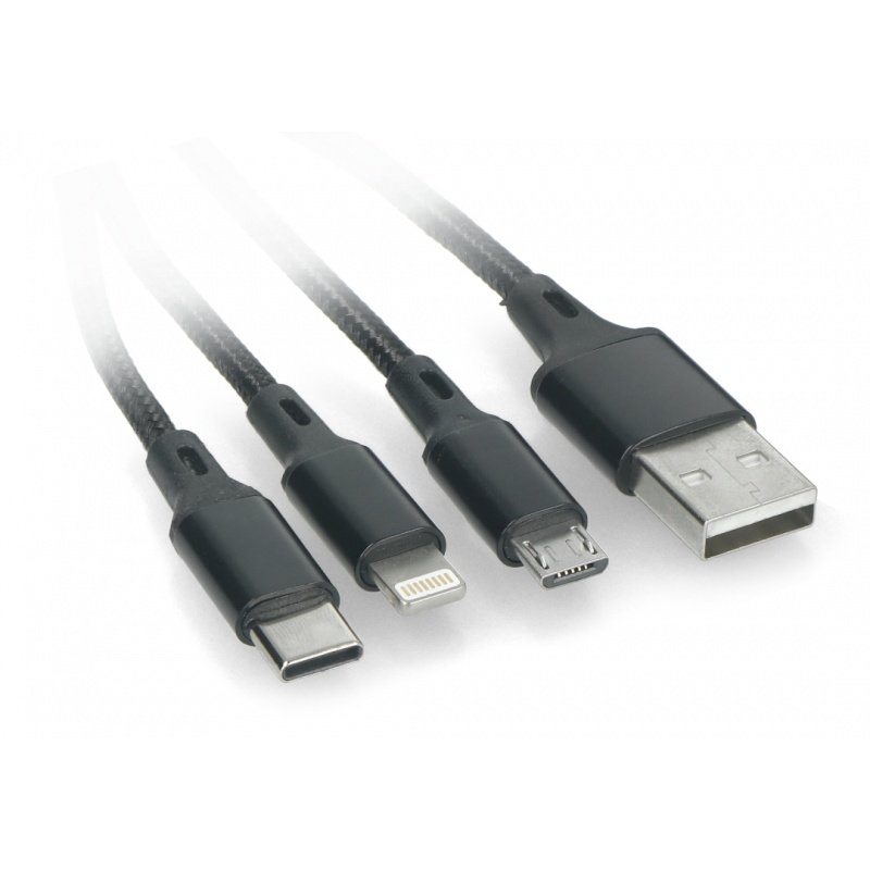 Kabel 3v1 USB typu A - microUSB, USB typu C, Lightning - černý