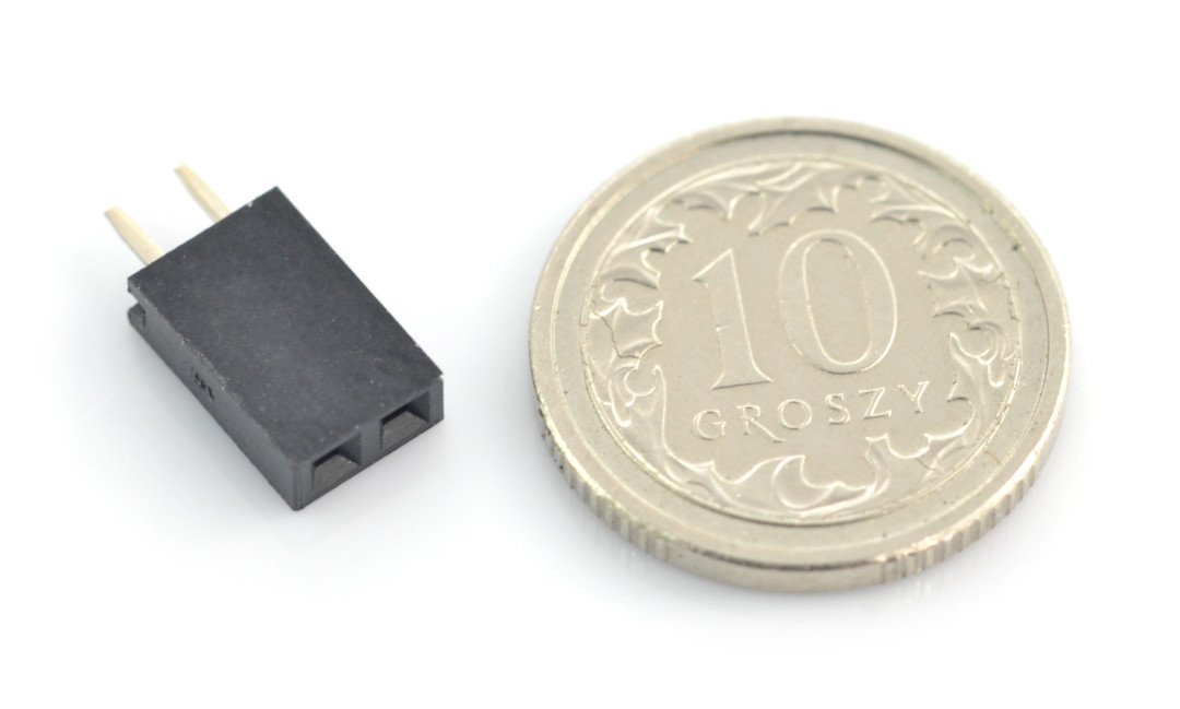 Srovnání velikosti přímé zásuvky 1x2 pin s mincí deset pencí
