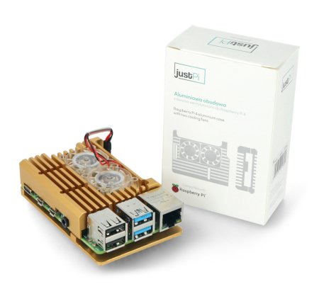 Pouzdro pro Raspberry Pi 4B se 2 ventilátory - kov - zlato