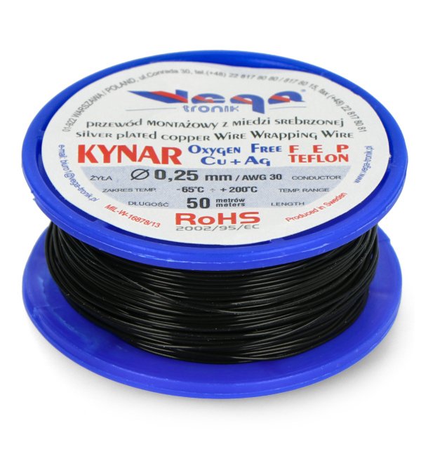 Montážní kabel KYNAR z postříbřené mědi - 0,25 mm / AWG 30 - černý - 50 m