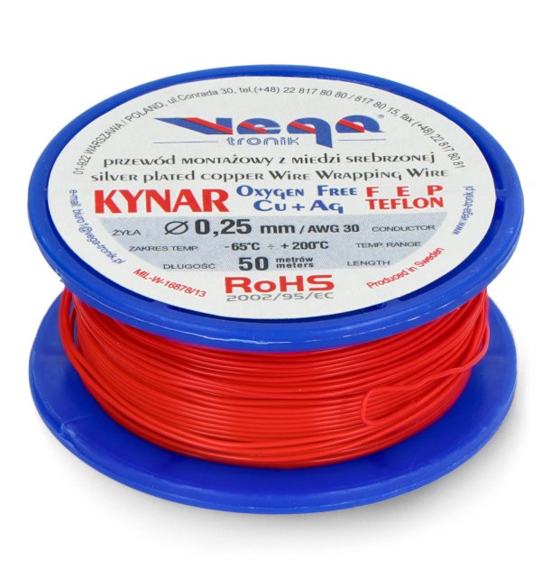 Montážní kabel KYNAR z postříbřené mědi - 0,25 mm / AWG 30 - červený - 50 m