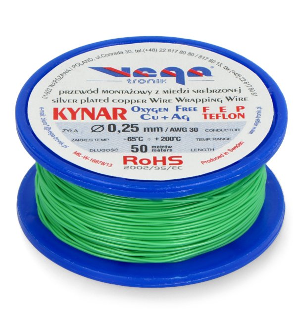 Montážní kabel KYNAR z postříbřené mědi - 0,25 mm / AWG 30 - zelený - 50 m