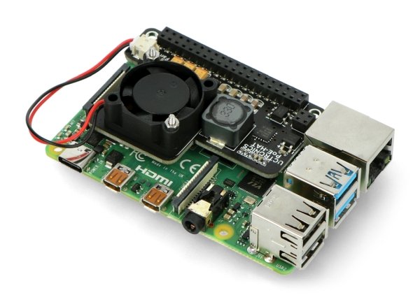 Štít s Raspberry Pi 4B. Minipočítač není součástí sady, je třeba jej zakoupit samostatně.