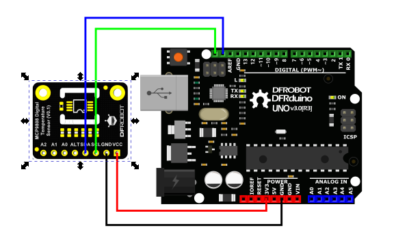 Schéma zapojení senzoru s deskou DFRduino - což je ekvivalent Arduina. Talíř není součástí sady, lze jej samostatně zakoupit v naší prodejně.