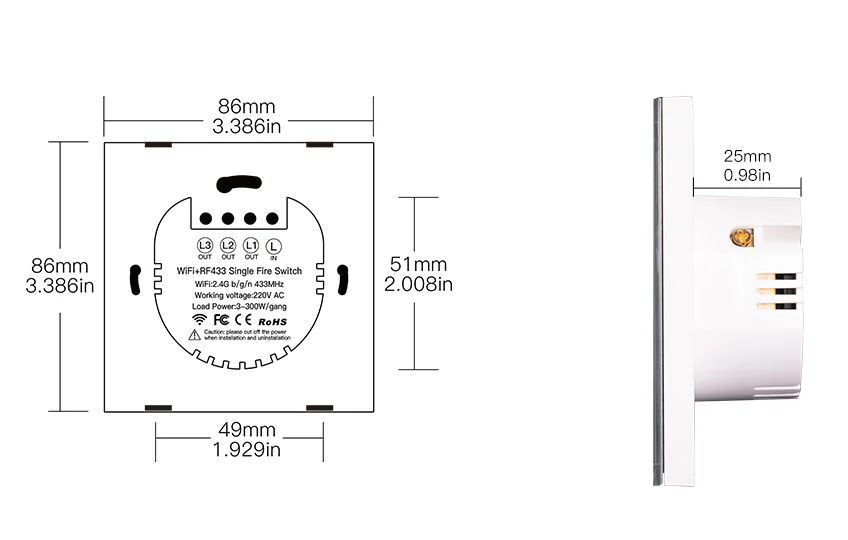 Tuya - inteligentní dotykový nástěnný vypínač - WiFi/Bluetooth - 1-kanálový bez N - Moes WRS-EU1-L-WH-MS