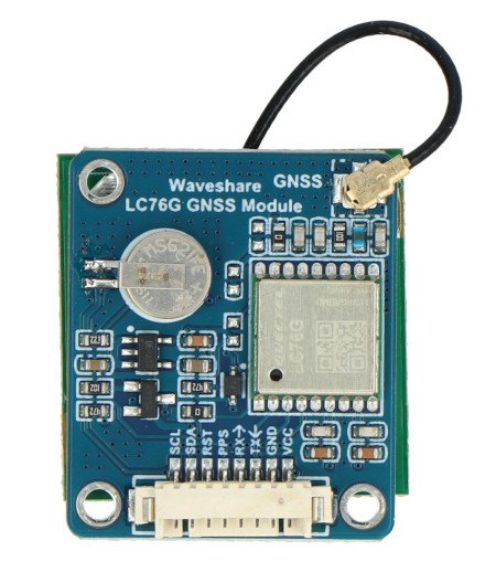 Polohovací modul LC76G Multi-GNSS leží na bílém pozadí.