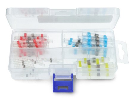 Pájené smršťovací konektory různých barev leží v otevřené průhledné krabici.