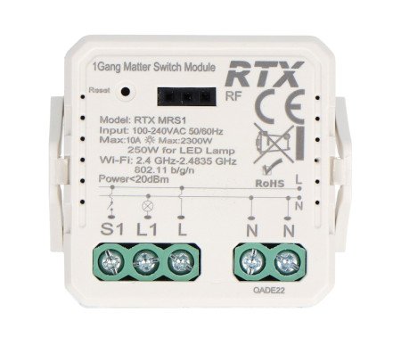1-kanálové 10A relé pro zapuštěnou montáž - WiFi - Matter - Android / iOS aplikace - RTX MRS1