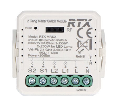 2kanálové 10A relé pro zapuštěnou montáž - WiFi - Matter - Aplikace pro Android/iOS - RTX MRS2