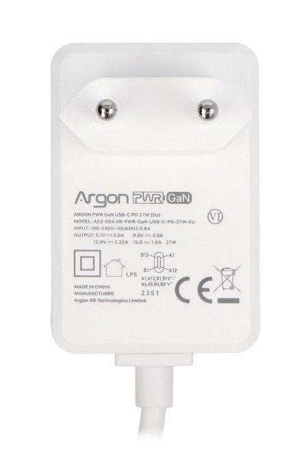 Argon40 27 W USB C zdroj - 5,1 V / 5 A pro Raspberry Pi 5 - bílý