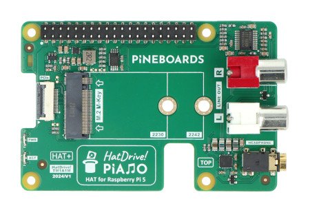 Pineboards HatDrive! Piano - NVMe 2230, 2242 + RCA + Jack 3,5 mm adaptér pro Raspberry Pi 5