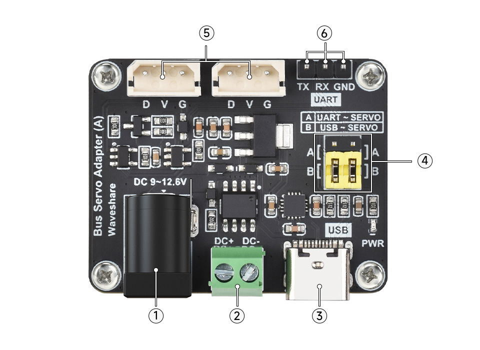 Uspořádání prvků na desce Bus Servo Adapter (A)