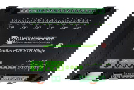 8kanálový reléový modul s optoizolací - kontakty 10 A / 250 V AC / 30 V DC - cívka 7 V - 36 V - Modbus PoE - Waveshare 24964