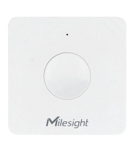 Bílý nástěnný vypínač Milesight leží na bílém pozadí.