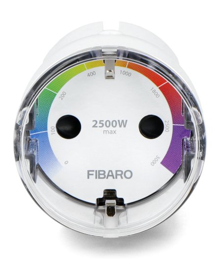 Chytrá zásuvka Fibaro Wall Plug F leží na bílém pozadí.