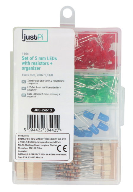 Sada 5mm LED diod - justPi - 160 ks s rezistory + organizér