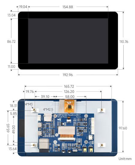 ESP32-S3 - Vývojová deska pro WiFi + Bluetooth se 7'' IPS LCD displejem 800 x 480 px - Waveshare 27078