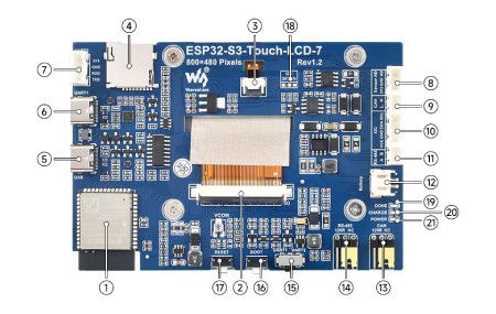 ESP32-S3 - Vývojová deska pro WiFi + Bluetooth se 7'' IPS LCD displejem 800 x 480 px - Waveshare 27078