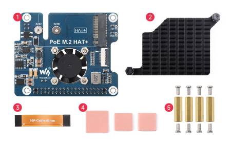 PoE M.2 HAT+ - PCIe adaptér pro NVMe M.2 disky s podporou PoE - pro Raspberry Pi 5 - Waveshare 28411